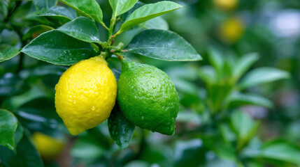 Lemons and limes in a citrus grove corner of the greenhouse, vibrant fruits emerging from thick polished leaves