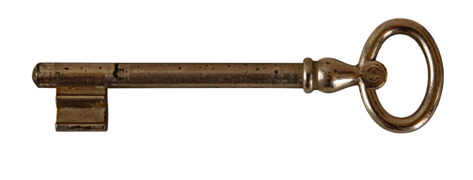 Old worn key opening mystery on transparent background