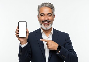 Man in suit showing blank smartphone screen mockup for app advertising and mobile marketing promotion use