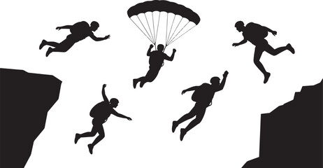 Six Black Silhouettes Base Jumpers Falling Parachute Cliff Jumping Extreme Sport Action white