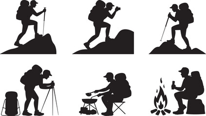 Obraz premium Six Black Silhouettes Backpackers Hiking Mountains Camping Cooking Fire vector