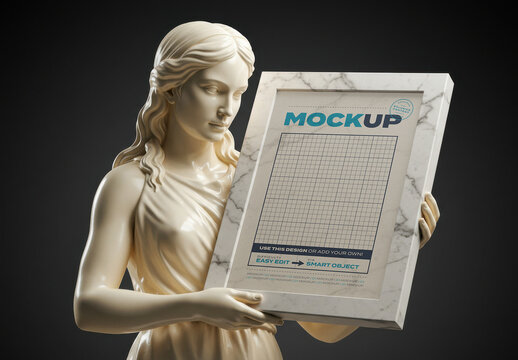 Woman Statue Sculpture Holding Vertical Frame Photo Poster Mockup