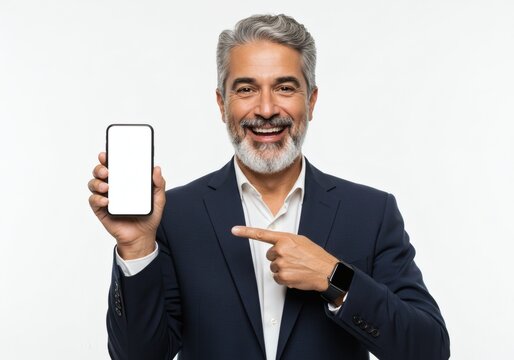 Man in suit showing blank smartphone screen mockup for app advertising and mobile marketing promotion use - Powered by Adobe