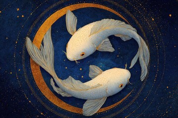 Two White Fish Orbiting a Gold and Blue Crescent Moon with Stars