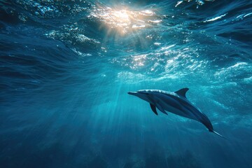 Underwater Profile of Dolphin Swimming Calmly in Sunlit Ocean