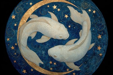 Two White Fish Orbiting a Gold and Blue Crescent Moon with Stars