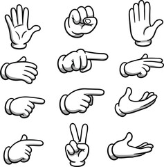  Cartoon Hands Vector Illustration Set: Expressive White Glove Gestures, Pointing, Waving, Victory Sign, and Cupped Hand Collection for Diverse Design Projects