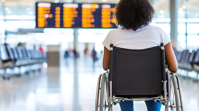 Airport Accessibility: Traveler in wheelchair checks the flight board at airport, ensuring smooth travel experience, inclusivity.