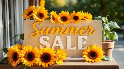 a stylish summer sale sign elegantly displayed with sunflower