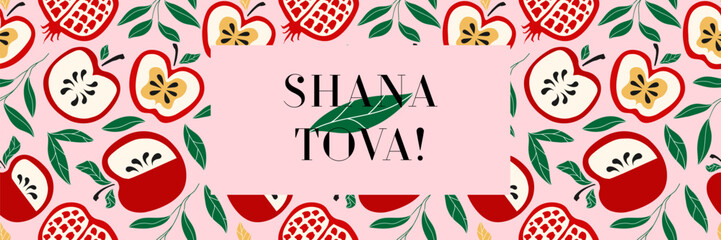 Shana Tova greeting card hand drawn cute stye for Happy Rosh Hashanah holidays, Jewish New Year. Pomegranate, apple, leaves vector