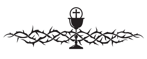black holy communion icon with chalice and thorn crown isolated on white background