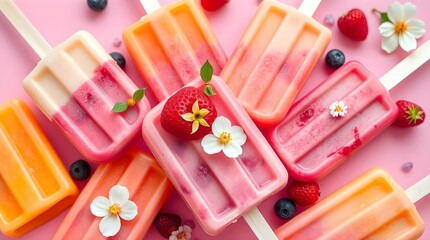 popsicles with pink and orange colors, fresh berries and edible flowers around