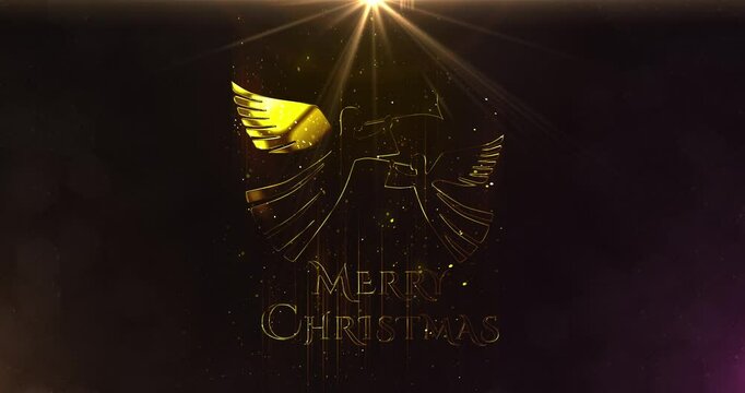 Two shining Christmas angels playing with trumpets in light particles background and Merry Christmas text. Seamless loop of angels singing 4k