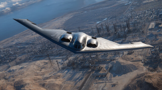 B-2 bomber flies over an inland oil pipeline hub, dozens of valves and metallic structures stretching across the sand beneath