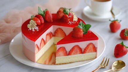 Layered strawberry chiffon cake with a shiny strawberry mirror glaze and golden base