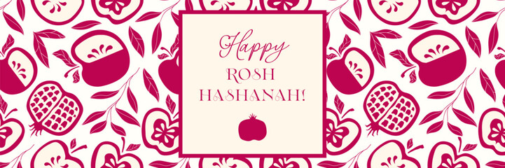 Happy Rosh Hashanah greeting card hand drawn cute stye for Shana Tova holidays, Jewish New Year. Pomegranate, apple, leaves vector