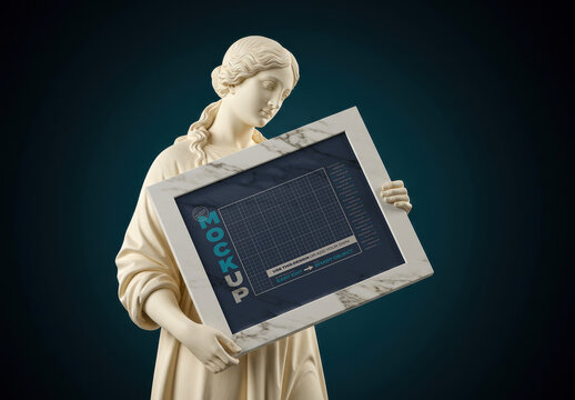 Woman Virgin Statue Holding Horizontal Frame Photo Poster Mockup