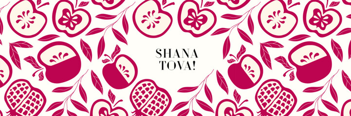 Shana Tova greeting card hand drawn trendy stye for Rosh Hashanah holidays, Jewish New Year. Pomegranate, apple, leaves vector