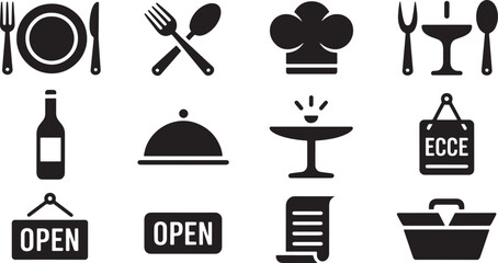 Nine Minimalist Black Restaurant Icons Set Plate Fork Knife Spoon Chef Hat Wine Bottle Food Dome Glass Menu