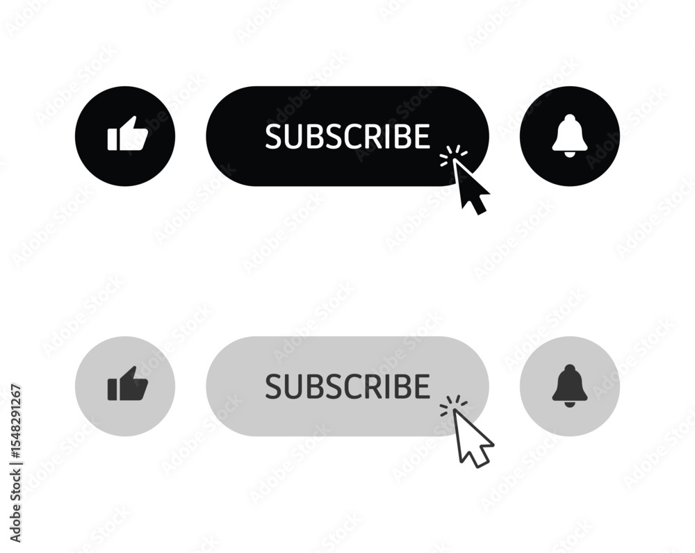 Poster subscribe button. bell notification and thumbs up hand cursor click icon