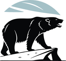 Bold bear silhouette walking under stylized mountain and sky graphic. Excellent for outdoor brands, wildlife adventure companies, and nature-inspired graphic collections.