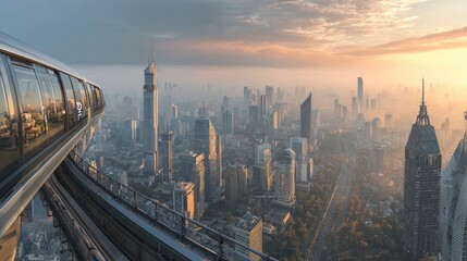 Obraz premium Futuristic city skyline with elevated monorail with tourists sipping coffee, at sunrise, glossy finish, aerial view