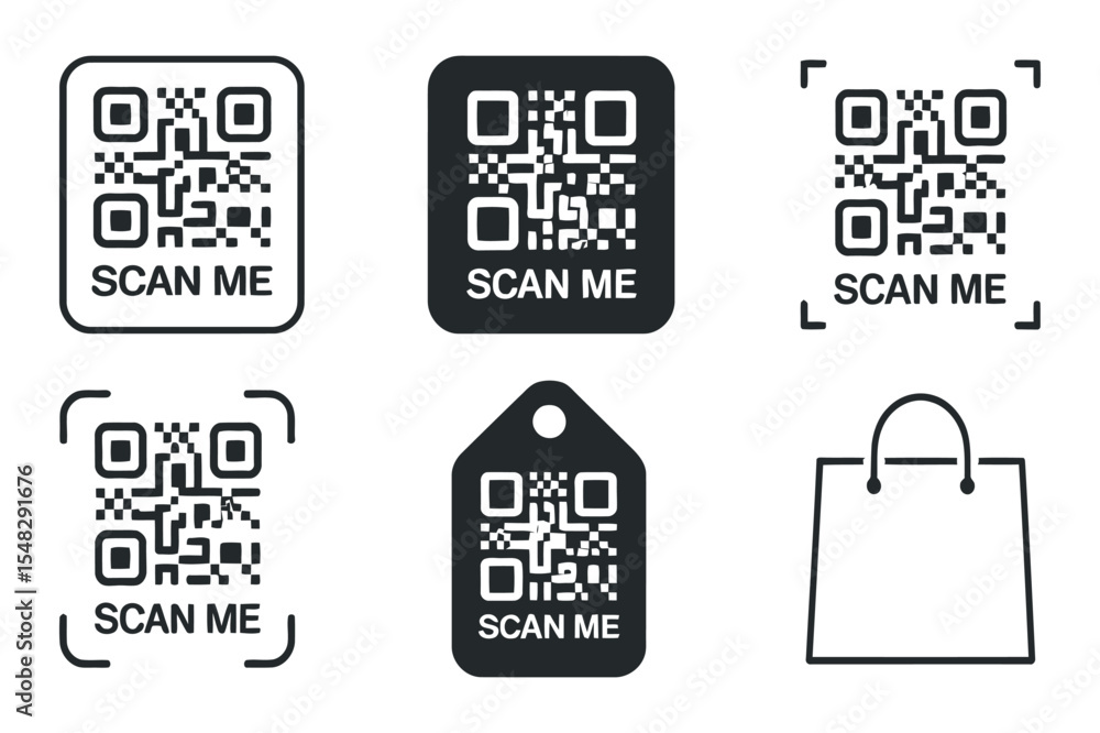 Poster qr code icons set with shopping bag and tag