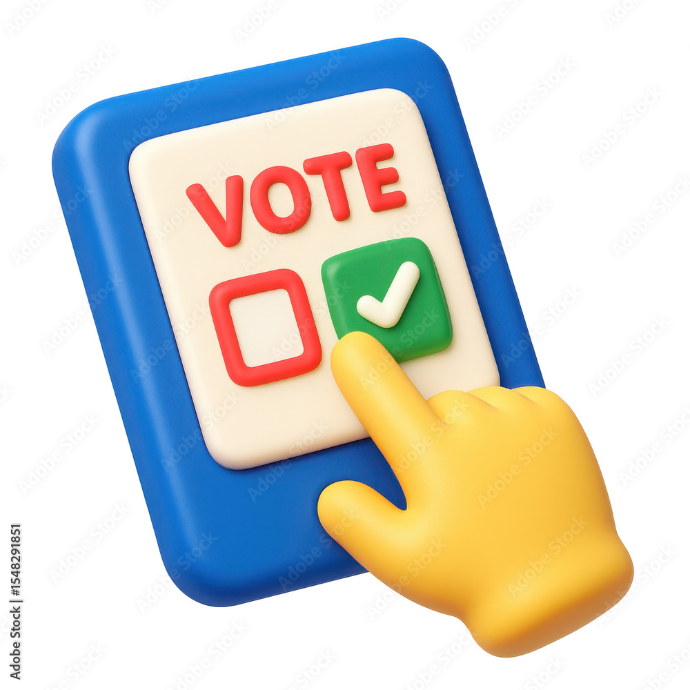 Poster 3d icon in plastic style depicting a hand pressing a vote button with checkmark and checkbox, symbol