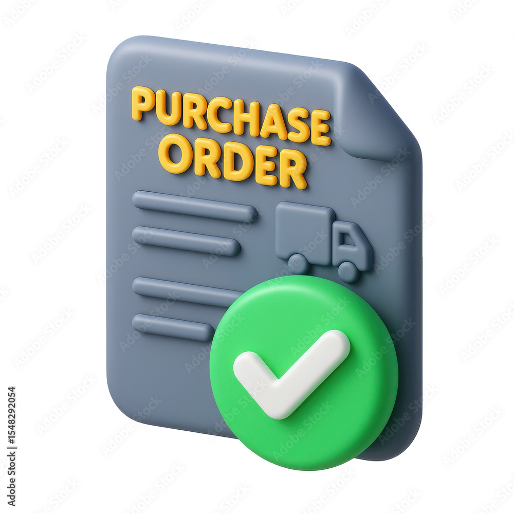 Poster 3d icon of a purchase order document with stylized checkmark symbol, representing approval and effic