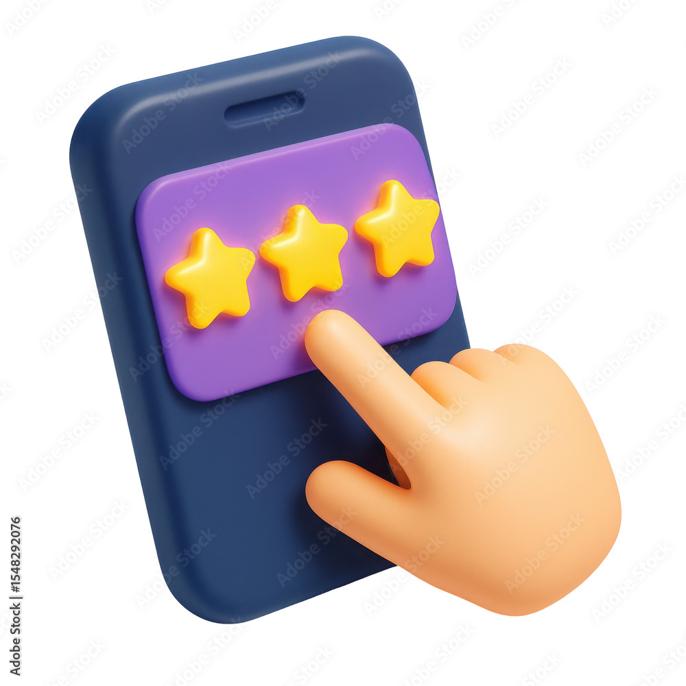 Aufkleber 3d icon of a hand interacting with a smartphone, selecting stars for rating in a colorful plastic st