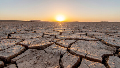 Dry and cracked soil pattern. Sunset over a cracked desert landscape
