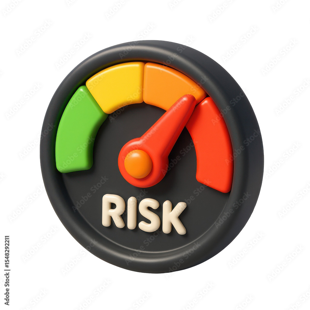 Poster 3d icon in plastic style displaying risk level with a colorful gauge indicating low to high risk fac