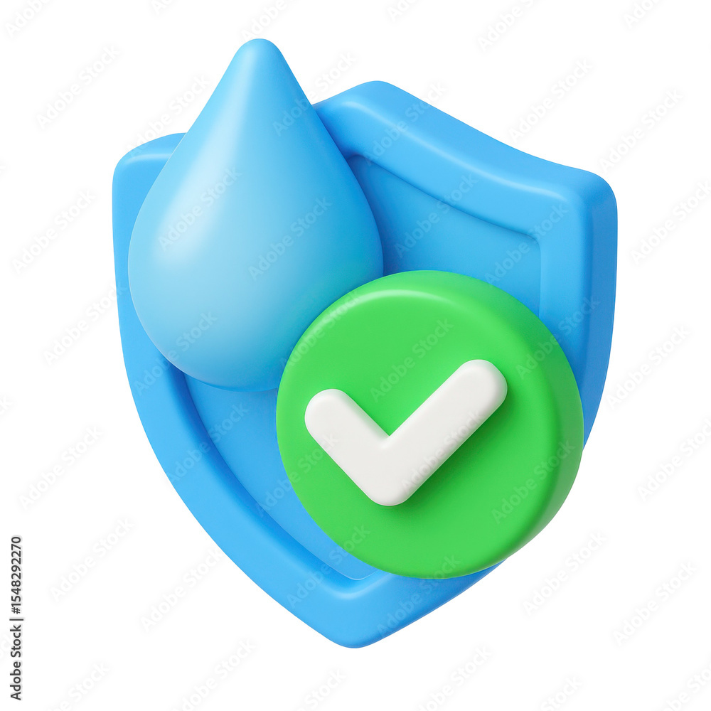 Poster 3d icon depicting a shield with a droplet and checkmark in a plastic style representation, symbolizi