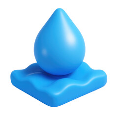 3d icon of a blue water droplet on a wavy platform, symbolizing hydration, purity and environmental awareness in a modern plastic style design