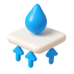 3d icon of a blue droplet on a white square base with upward arrows, representing fluid dynamics and innovative design in a plastic style