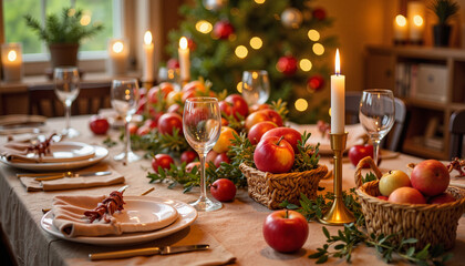 Festive apple-themed dinner table setting, warm evening ambiance