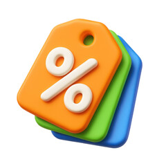 close-up view of colorful 3d plastic icons representing discount tags on a black background, showcasing a modern shopping concept and promoting sales visually