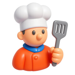 3d icon of a chef character in plastic style, holding a spatula in a friendly pose, ideal for food and cooking-related designs and illustrations.