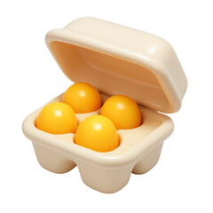 3d icon in plastic style featuring four bright yellow eggs nestled inside a light-colored egg carton, showcasing modern design and playful aesthetics.
