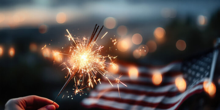 American flag with sparkler and abstract defocused lights — 4th of July, Independence Day, and Memorial Day celebration