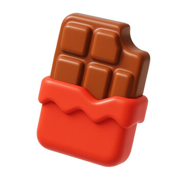 3d icon of a plastic-style chocolate bar with a red wrapper, showcasing a modern and playful design that appeals to chocolate lovers and candy enthusiasts