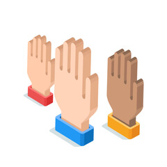 Obraz premium Isometric vector hands raised upward, in color on a white background, support or voting