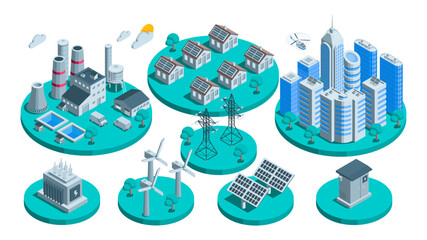 Isometric vector set of city buildings and houses, factory, wind generators and solar panels with high-voltage lines and equipment, on white background, green energy and environmentally friendly power