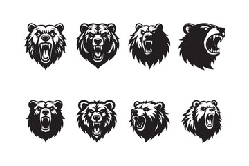 Roaring Bear Head Mascot Vector Set in Black and White Style