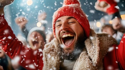 A lively depiction of a joyous crowd celebrating in a snowy landscape, embodying the spirit of winter festivities and the thrill of togetherness and happiness.