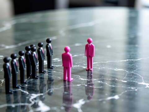 Pink figurine in center of black-suited toy figure line