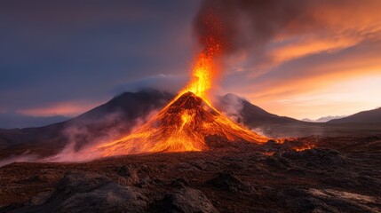 Fototapeta premium An awe-inspiring eruption of a volcano at dusk, showcasing vibrant lava flow, smoke, and dramatic clouds, illustrating nature's raw power and beauty.