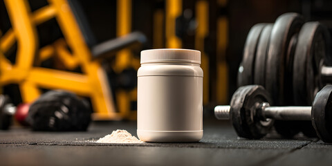 Fototapeta premium Creatine Monohydrate Powder Jar Mockup in Gym Setting for Bodybuilding Nutrition Supplement - Fitness Product Photography Concept
