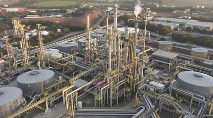 An oil refinery with pipes and tanks