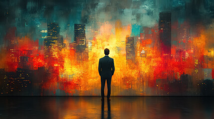 businessman is seen from behind, Standing tall against panoramic view